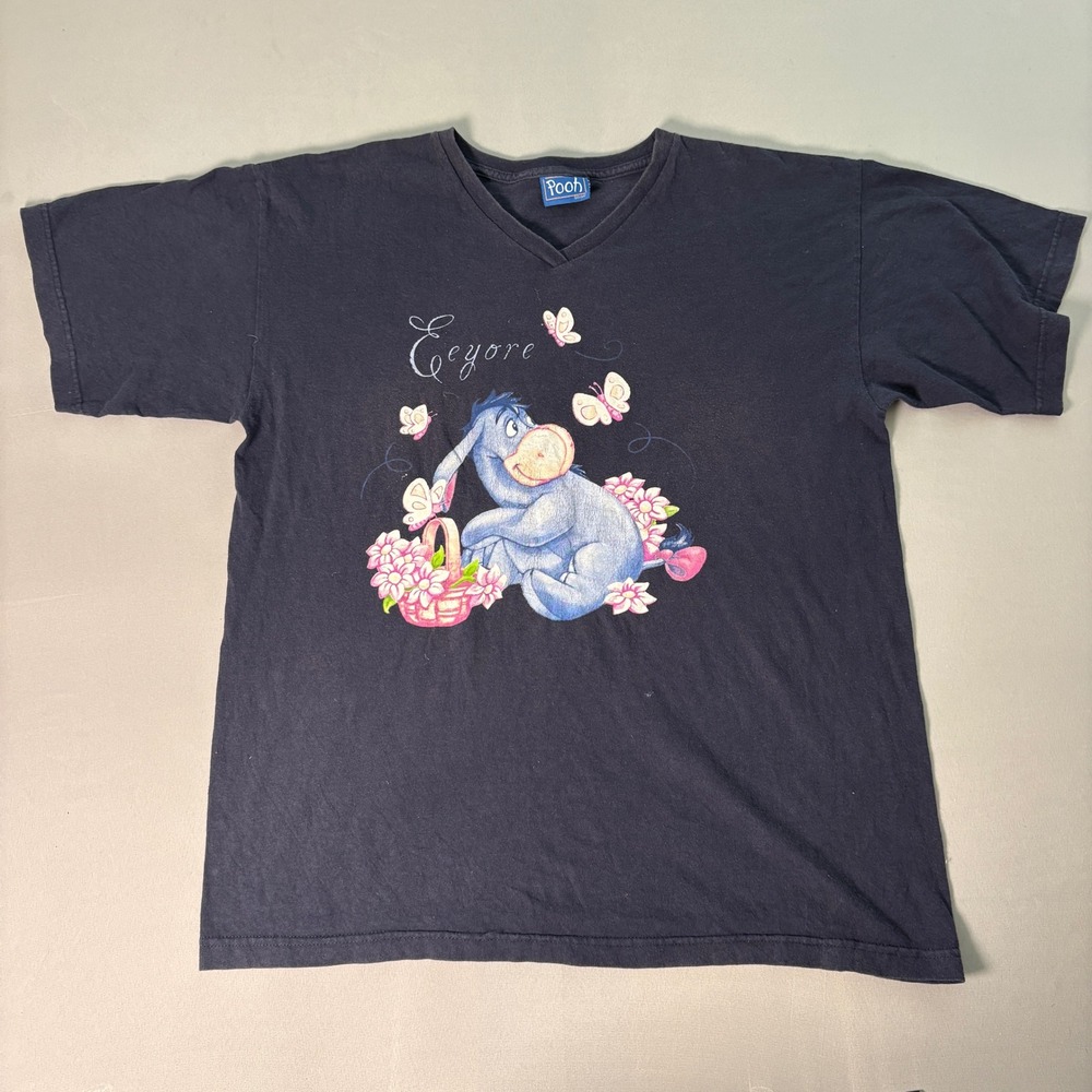 Disney Pooh Eeyore V-Neck Graphic T-Shirt Navy Blue Cotton XL Jerry Leigh AB1330